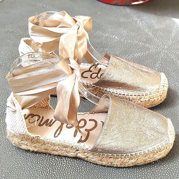 Sam Edelman ilia Gold Satin Ribbon Ankle Tie Closed Toe Espadrille Sandals - Picture 1 of 11